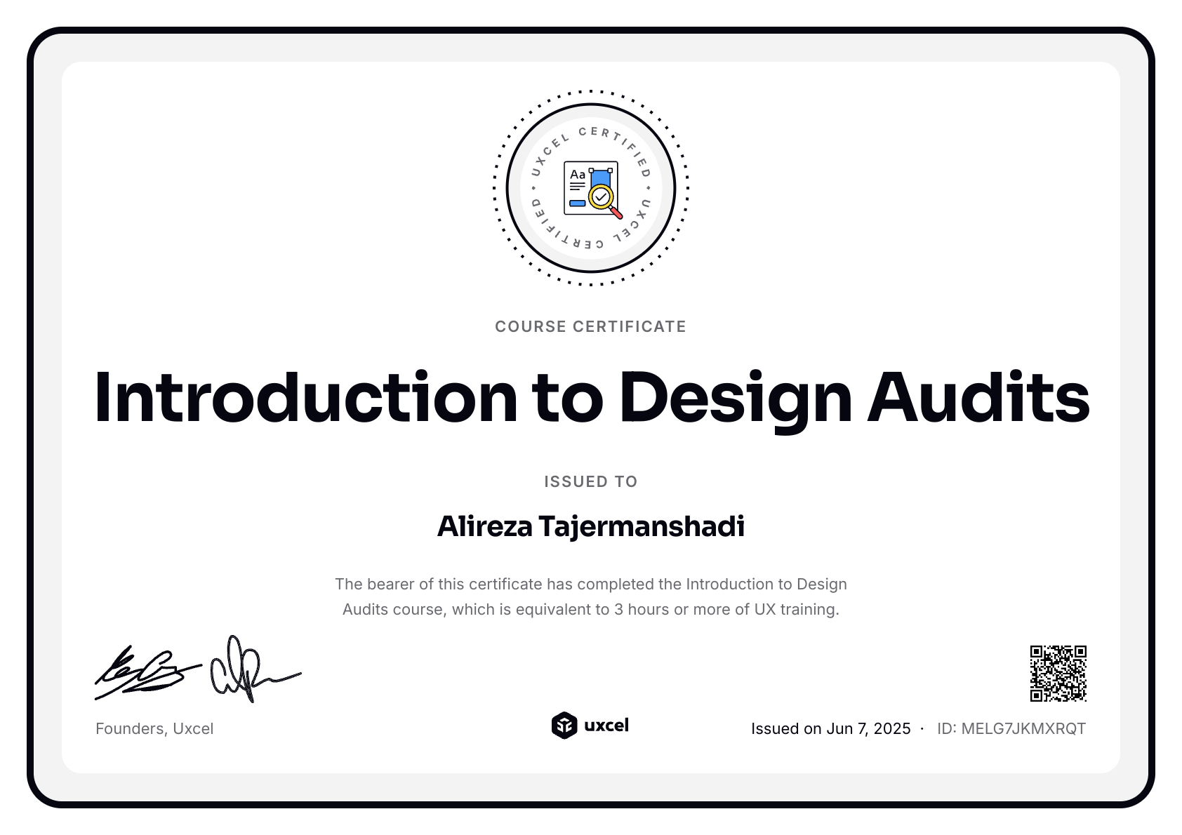 Alireza Tajermanshadi's certificate